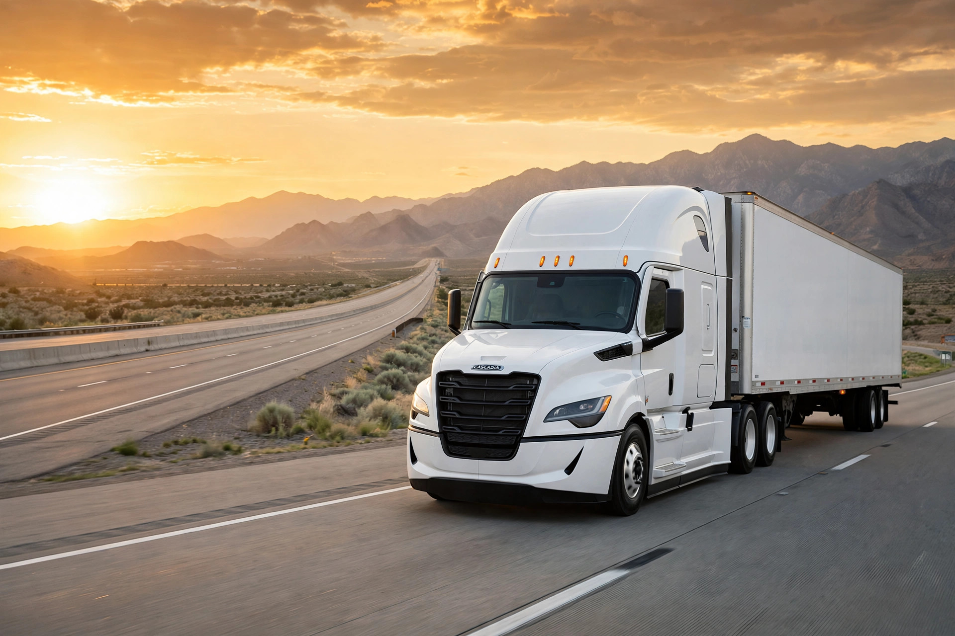 White Freightliner Cascadia with a long white trailer driving an interstate highway at sunset