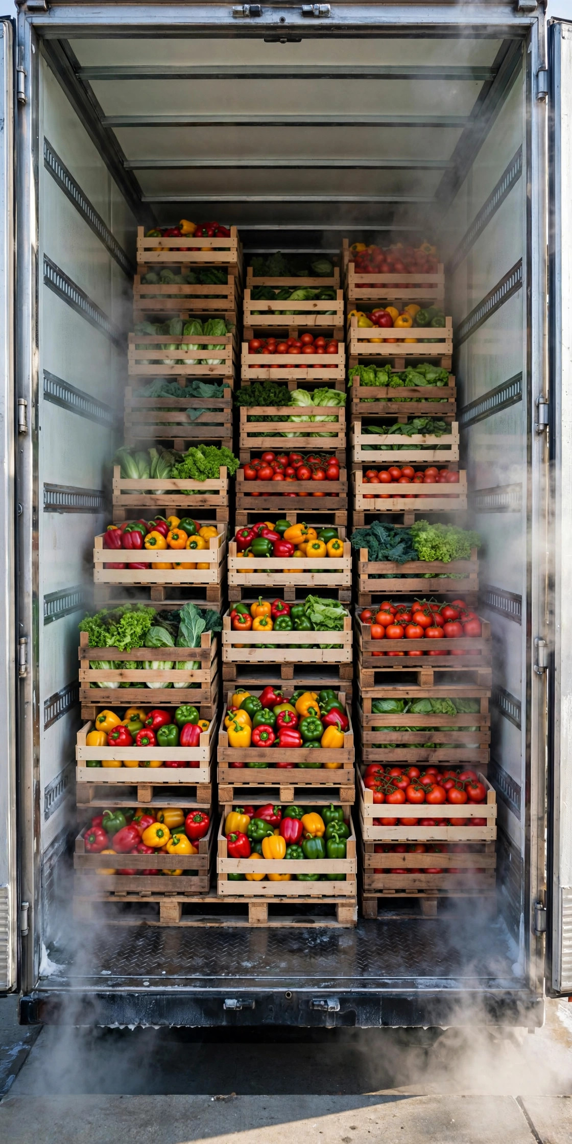 Refrigerated trailer loaded with crates of fresh produce, cold vapor at the open doors